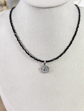 Dainty Black Spinel Beaded Necklace With Moon Mother Of Pearl Charm